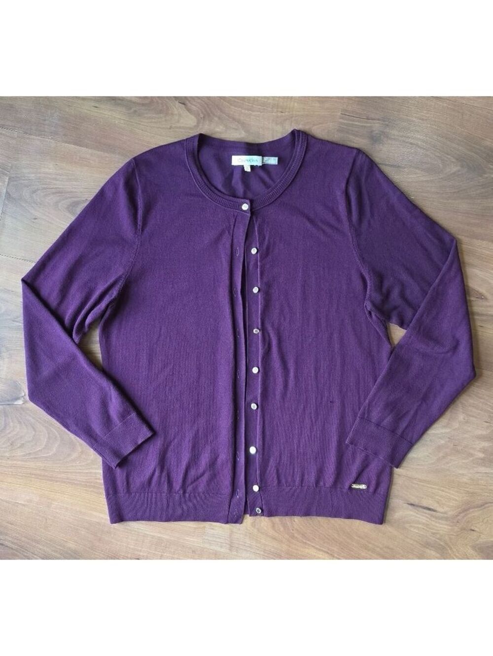 Calvin Klein Women's Purple Knit Button Front Crewneck Cardigan, size Lrg